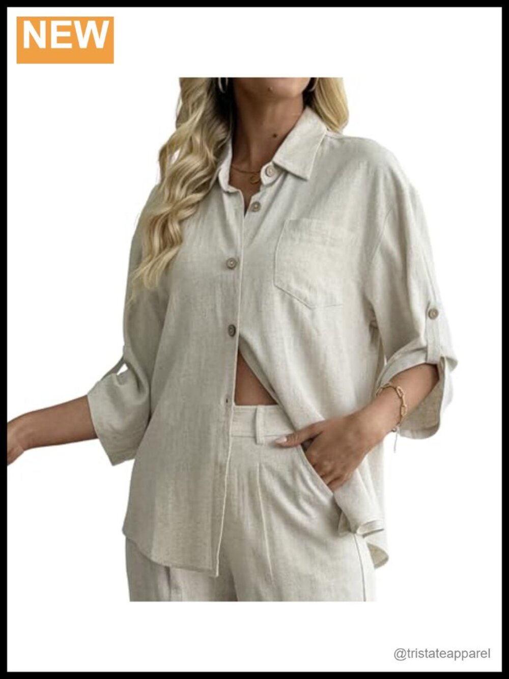 Linen Cotton 3/4 Sleeve Collared V-Neck Casual Tunic Blouse
